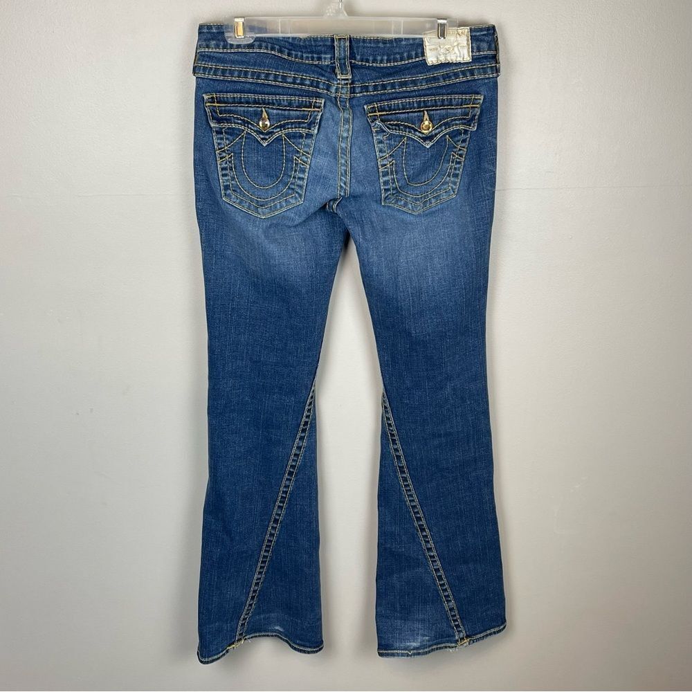 True Religion DISCO Joey Big T 30 Gold Stitching Crystal Button Flare Leg Jeans